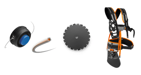 Trimmerhuvud med trimmertråd, röjsågsklinga och röjsågssele från Husqvarna
