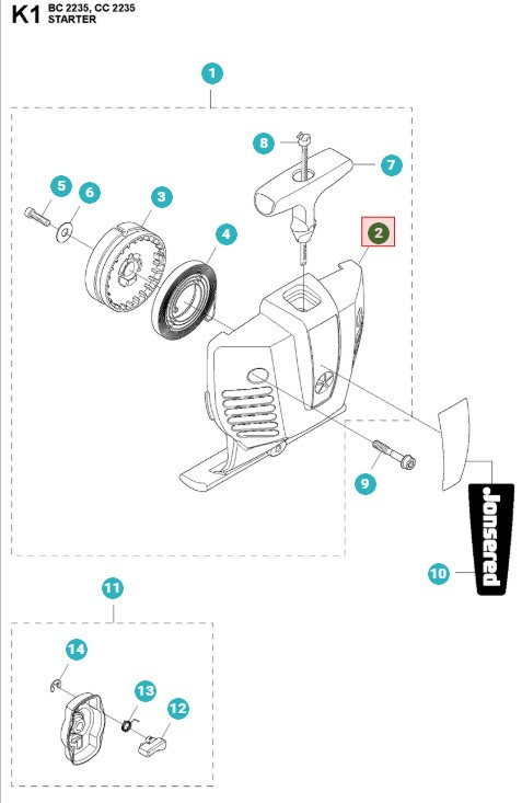 Alloggiamento del motorino di avviamento Jonsered GC2236, BC2235, CC2235, CC2236